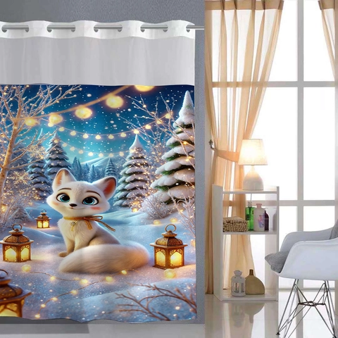 Wasserdichter Duschvorhang Aus Polyester Mit Cartoon Tieren Druckknopffutter Und Hakenlosem Ringdesign Badezimmer Deko
