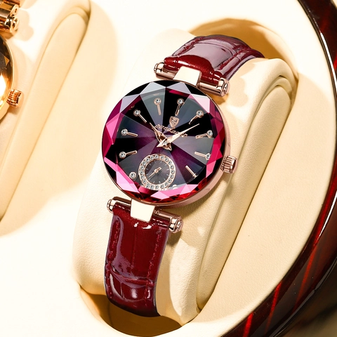 Women Quartz Watch Leather Strap Alloy Case Waterproof Rhinestone Faceted Crystal Fashion Casual Lady Wristwatch