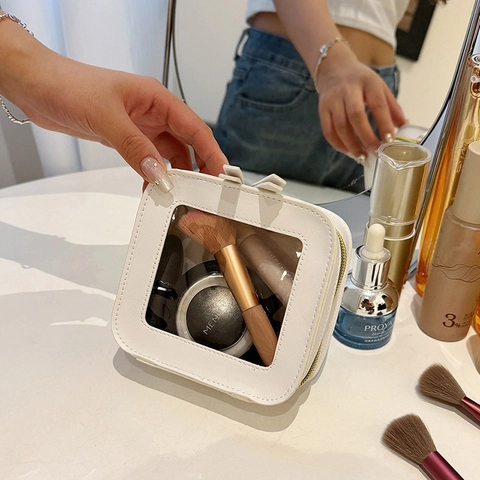 Minimalistische Transparante Make-up Tas PU Leer Helder Cosmetisch Etui Draagbare Lipstick Opslagtas Reis Toiletzak