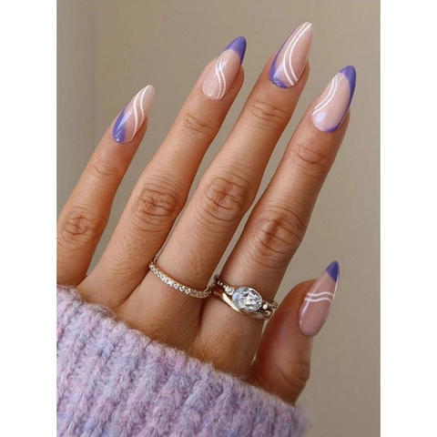 Μωβ French Tip Press On Nails Σχέδιο Με Λευκές Γραμμές Σχήμα Αμυγδάλου Τεχνητά Ψεύτικα Νύχια Για Γυναίκες Καθημερινό Μανικιούρ