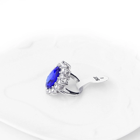 Anello Di Fidanzamento Con Zaffiro Blu Ovale Lega Halo Strass Gioielli In Stile Reale Vintage Da Donna