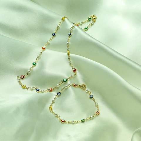 Evil Eye Gänseblümchen Halskette Und Armband Vergoldetes Kupfer Emaille Künstliche Perlenimitation Böhmischer Stil Für Frauen