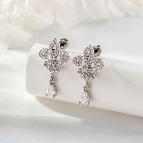 Retro Fleur-De-Lis Waterdruppel Zirkoon Oorkraakbeen Stud Frans Elegant Micro Pave Piercing Sieraden Met Schroefsluiting