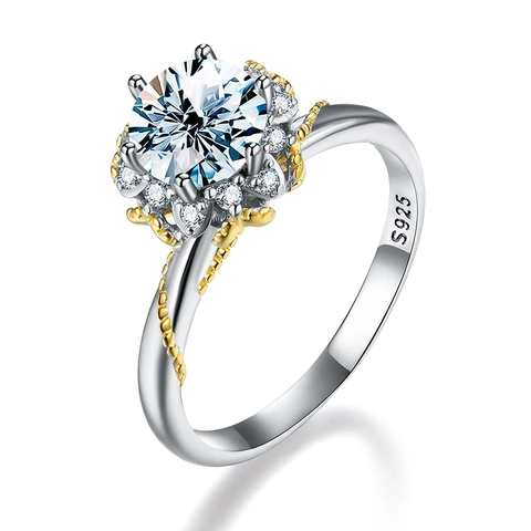 Moissanite Ring Vine Flower Design Two Tone Gold Plated 925 Sterling Silver Round Cut Brilliant Sparkling Women Proposal