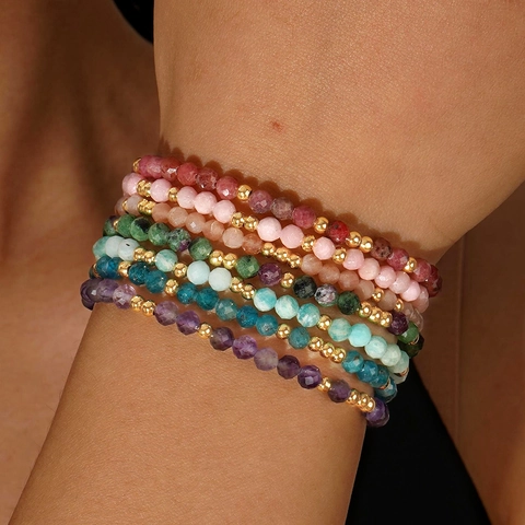 Faceted Natural Semi Precious Stone Beaded Bracelet Gold Plated Alloy Accents Adjustable Jewelry Women Bohemian Style