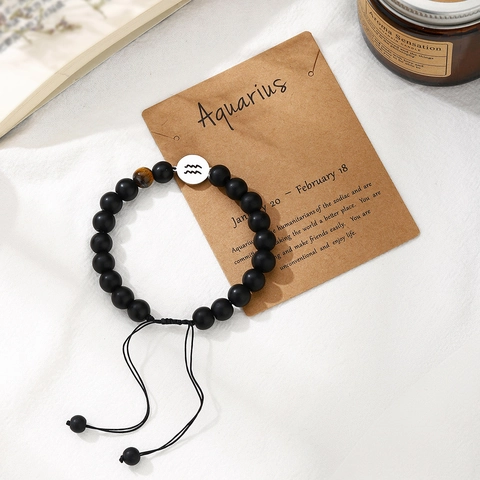 Twelve Zodiac Sign Constellation Bracelet Matte Black Beads Tiger Eye Charm Handmade Woven Adjustable Rope Unisex