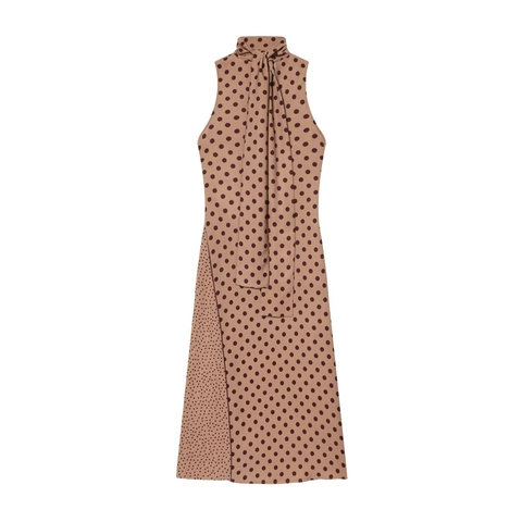Vestido Midi De Lunares Poliéster Cuello Alto Lazo Sin Mangas Fruncido Elegante Verano Vestido Ajustado Para Mujer