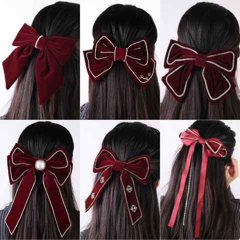 Grande Barrette À Cheveux Noeud En Velours Rouge Pour Femme Épingle À Cheveux Ruban Vintage Élégante Avec Strass Et Künstliche Perles Pour Mariage
