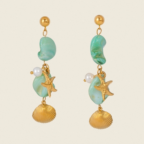 Stainless Steel 18K Gold Plated Starfish Shell Drop Earrings With Natural Green Stone Pearl For Women Beach Vacation Jewelry