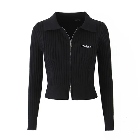 Women Ribbed Knitted Cropped Cardigan Long Sleeve Polo Neck Slim Fit Double Zipper Sweater Top Letter Embroidery