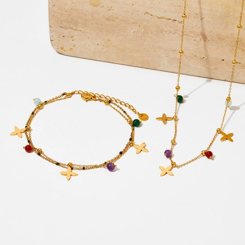 Edelstahl Schmuckset Bunte Perlen Kleeblatt Kreuz Anhänger Halskette Armband Modeschmuck Für Damen