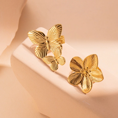 Stainless Steel Rings For Women Men Adjustable Open Ring Vintage Filigree Butterfly Ginkgo Leaf Flower Lava Texture