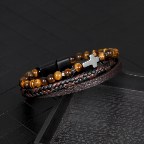 Multi-Layer Cross Charm Bracelet PU Leather Alloy Natural Stone Beads Woven Punk Vintage Jewelry Magnetic Clasp