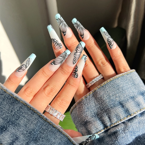 Lange Coffin Press On Nagels Blauw Frans Vlinder Patroon Glanzend Afneembare Kunstnagels Voor Dames Elegant
