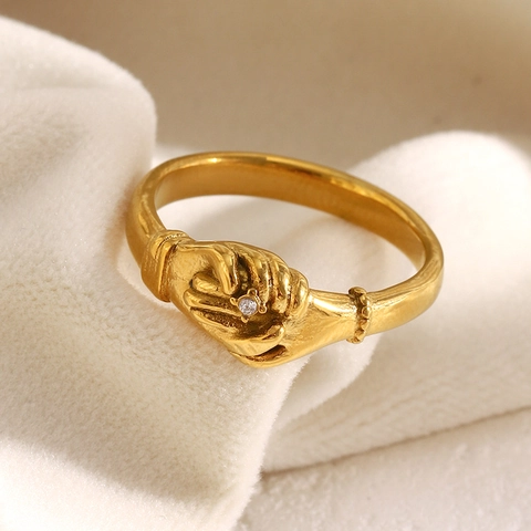 Handshake Ring Stainless Steel 18K Gold Plated Single Zircon Retro Fede Style Elegant Jewelry For Women