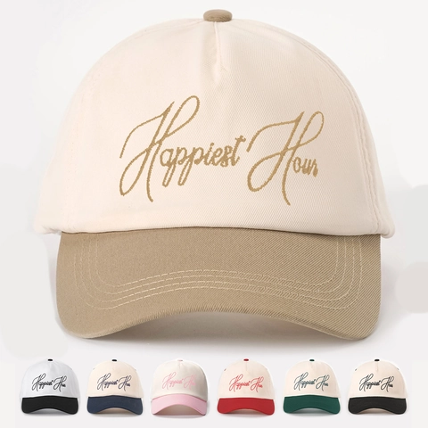 Happiest Hour Embroidery Baseball Cap Contrast Color Breathable Sun Protection Vintage Adjustable Hat For Men And Women