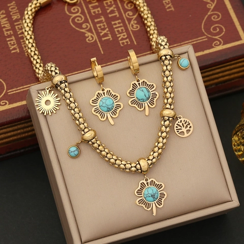 Collana Pendente Turchese Acciaio Inossidabile Placcato Oro Fiore Quadrifoglio Sole Albero Della Vita Gioielli Retro Donna
