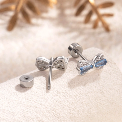 Bowknot Cartilage Stud Earring Titanium Steel With Zircon Inlaid Screw Back Sweet Princess Style Jewelry For Women