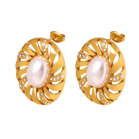Orecchini a Bottone in Acciaio Inossidabile Vintage Francese Spirale Cava Per Donna Perla Artificiale Strass Gioielli Geometrici