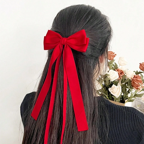 French Vintage Large Bow Hair Clip With Long Ribbons Elegant Satin Texture Fabric Handmade Hairpin For Women Girls