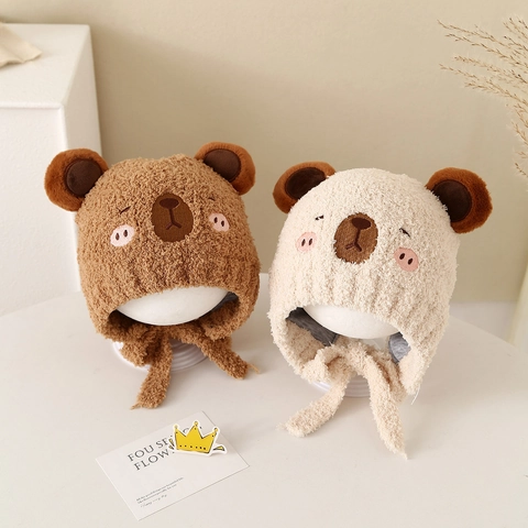 Baby Winter Warm Ear Protection Hat Cute Cartoon Bear Ears Teddy Fleece Plush Beanie For Toddlers Windproof
