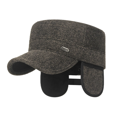 Heren Winter Cadet Pet Visgraatpatroon Wolmix Platte Hoed Dikke Fleecevoering Met Oorkleppen Winddicht Retro Outdoor