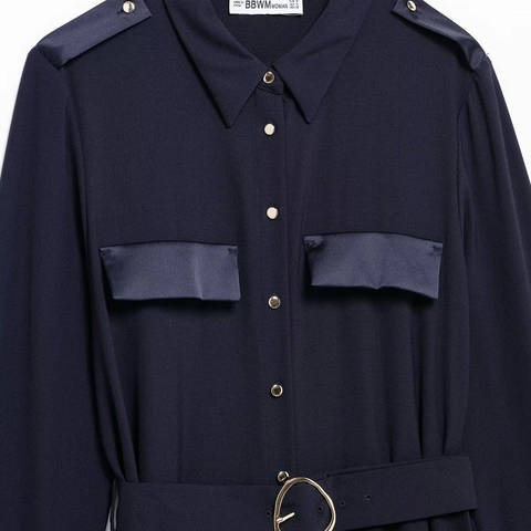 Abito Maxi A Camicia A Maniche Lunghe Blu Scuro Con Patchwork In Raso Bottoni Dorati E Cintura Stile Cargo