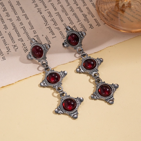 Retro Bohemian Dangle Earrings With 925 Sterling Silver Earring Post Red Resin Round Geometric Alloy Jewelry For Women