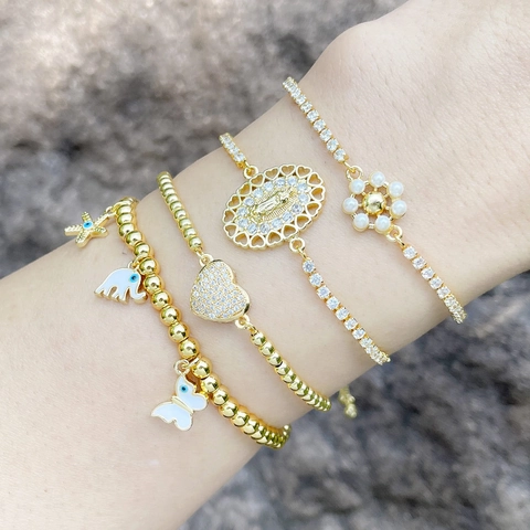Bracciale In Rame Placcato Oro Da Donna Con Zircone Cuore Elefante Fiore Ciondoli Religiosi Catena Regolabile