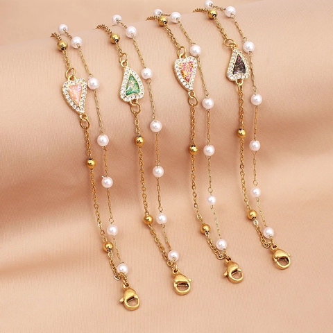 Double Layer Bracelet For Women Stainless Steel Heart Pendant With Imitation Artificial Pearl And Zircon Adjustable Minimalist Jewelry