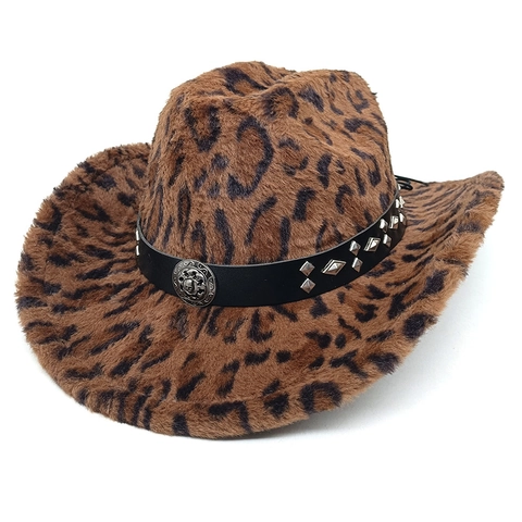 Cappello Da Cowboy Maculato In Ecopelliccia Tesa Larga Peluche Jazz Cap Con Fascia Borchiata Per Uomo Donna Vintage Style