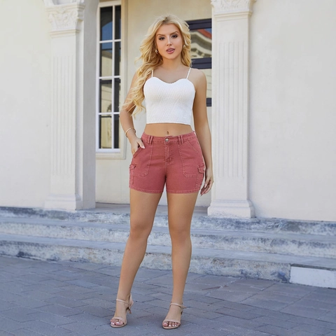 Women Cargo Denim Shorts High Waist Multi Pocket Cotton Rayon Polyester Spandex Blend Summer Casual Solid Color