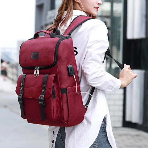 Lässiger Oxford Gewebe Rucksack Urban Minimalistisch Einfarbig Externer USB Ladeanschluss Flap Cover Lederriemen Reise Schuletasche Für Herren Damen
