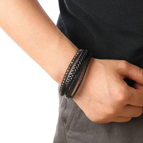 Pulsera De Cuero Trenzado Multicapa Para Hombre Con Remaches De Acero Inoxidable Y Cierre Magnético Estilo Punk Casual Vintage