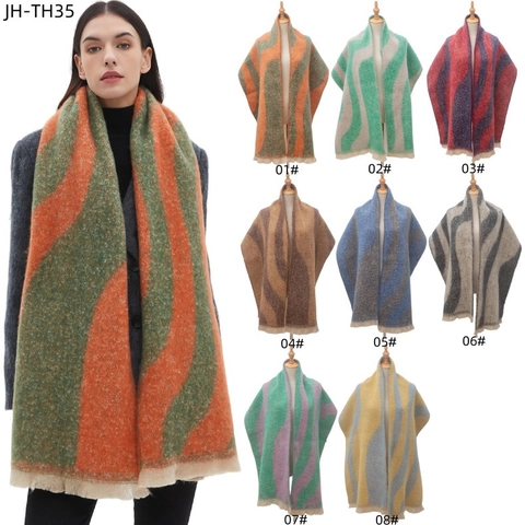 Thick Warm Winter Scarf Wave Stripe Jacquard Shawl With Tassel Fringe Soft Polyester For Women