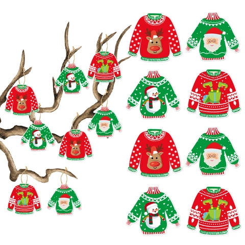 Christmas Ugly Sweater Hanging Tags Paper Ornaments For Tree Party Decor With Santa Reindeer Snowman Patterns