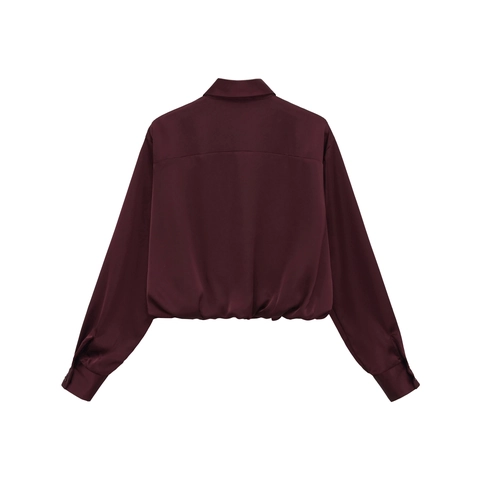Blusa Corta De Satén Para Mujer Manga Larga Dobladillo Fruncido Color Sólido Elegante Con Botones Cuello Solapa