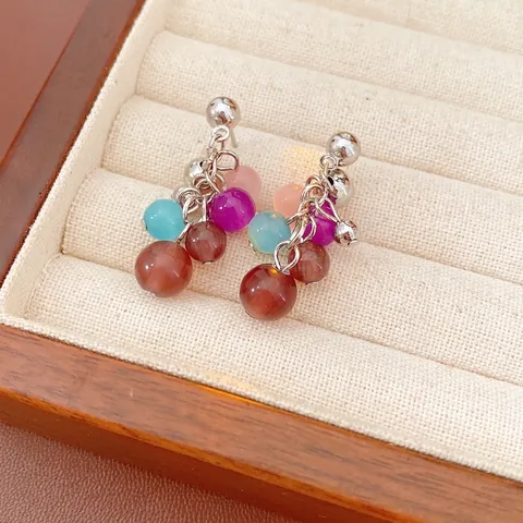 Multi-Farben Katzenauge Stein Cluster Hängeohrringe Mit Silver Earring Post Modeschmuck Für Damen Chic Stil