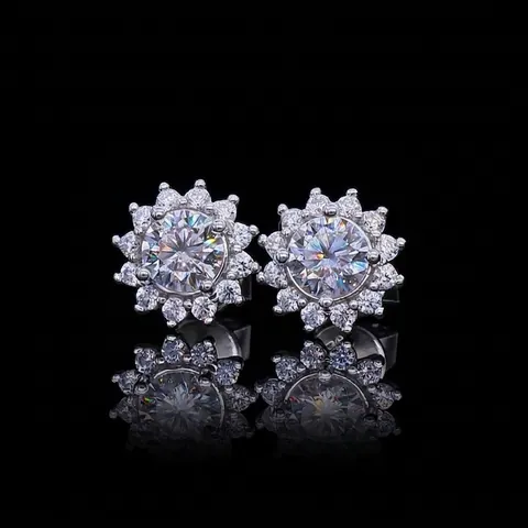 Pendientes de Botón de Plata de Ley 925 Moissanita Girasol Corte Redondo Halo Joyería para Mujer Regalo de Boda
