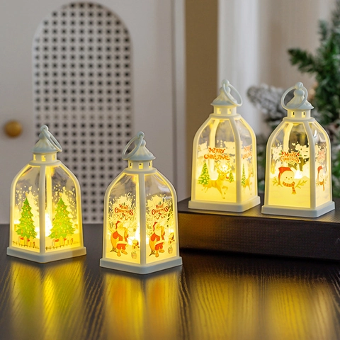 Christmas LED Lantern Portable Plastic Warm Light Hanging Night Lamp Holiday Home Desktop Window Decor Patterned Festive Ornament