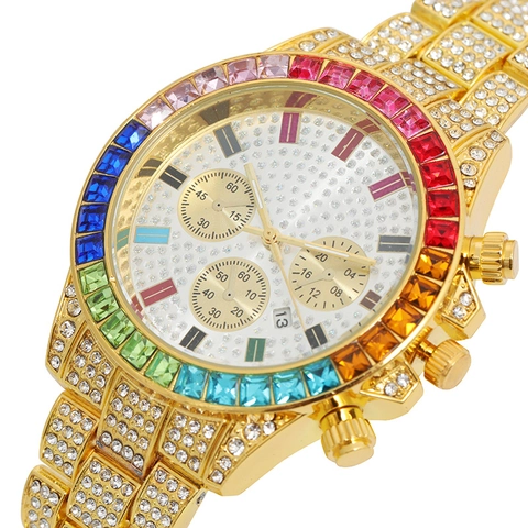 Luxury Women Quartz Watch Rainbow Bezel Iced Out Rhinestone Alloy Strap Calendar Fashion Wristwatch Female Jewelry Watch