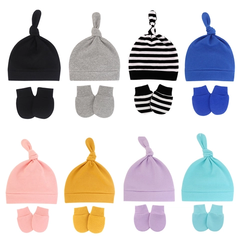 Baby Knotted Hat And Anti Scratch Mittens Newborn Infant Toddler Soft Breathable Cotton Knit Solid Color Striped