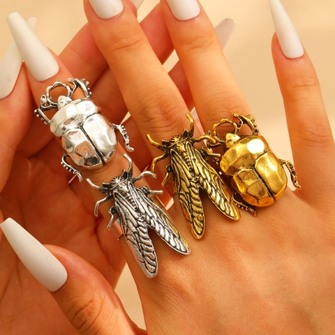 Vintage Zinc Alloy Beetle Cicada Ring For Women Men Retro Punk Gothic Insect Stag Beetle Adjustable Open Ring Jewelry Gift