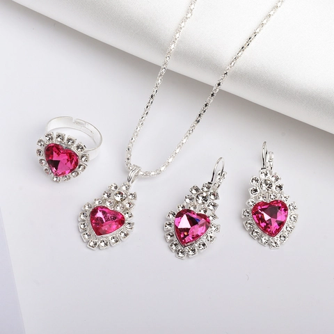 Heart Shaped Jewelry Necklace Earrings And Ring Alloy Rhinestone Silver Tone For Women Elegant Fashion