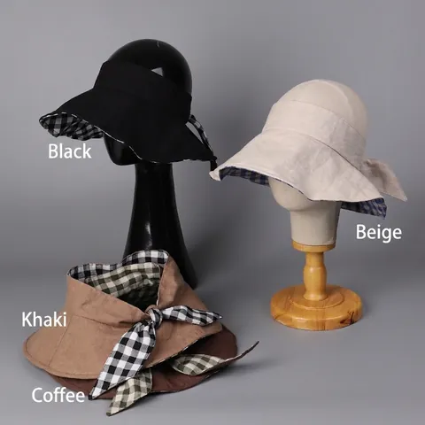 Cappello Da Sole Senza Top Donna Lino Tesa Larga Protezione UV Pieghevole Traspirante Vichy Fiocco Visiera Doppia Faccia
