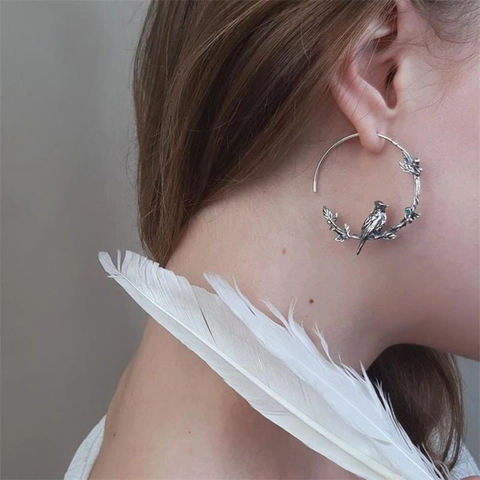 Vintage Alloy Bird Hoop Earrings With Iron Earring Post Antique Silver Finish Flower Leaf Branch Dangle Jewelry For Women