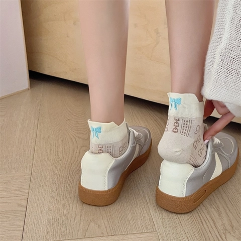 Chaussettes Invisibles En Coton Pour Femmes Doux Broderie Nœud Respirant Coupe Basse Style Japonais
