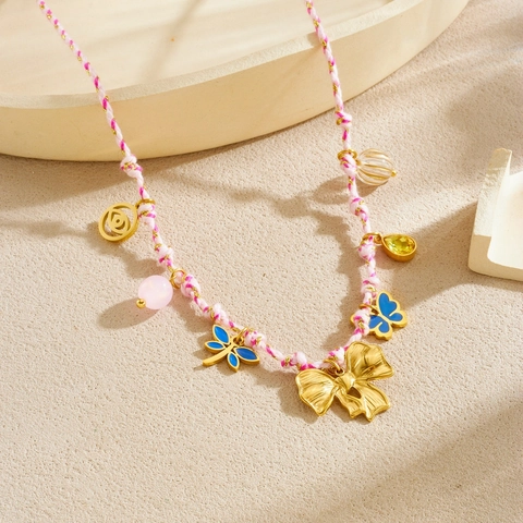 Collier Pendentif Bohème Acier Inoxydable Corde Tressée Plaqué Or Nœud Papillon Papillon Œil Mauvais Émail Coloré Bijoux