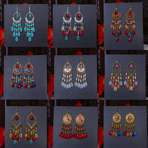 Bohemian Tassel Drop Earrings For Women Ethnic Style Alloy Colorful Beads Rhinestone Vintage Geometric Jewelry