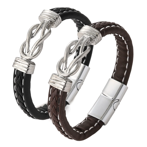 Men Braided Leather Bracelet With Alloy Infinity Knot Cross Magnetic Clasp Punk Style Gift For Son Grandson